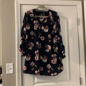 Navy floral print chiffon blouse